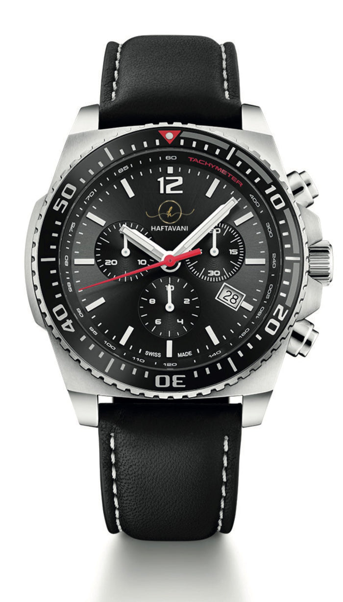 Haftavani H34093.03 – Sports Chronograph for Men with Authentic Black Leather - Swiss Made