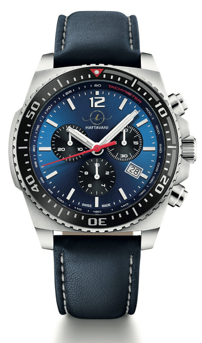 Haftavani H34093.04 – Sports Chronograph for Men with Authentic Blue Leather - Swiss Made