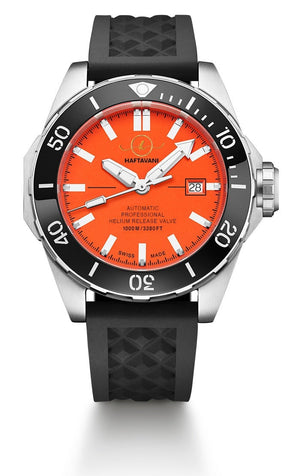 Haftavani - HPLA44092.06 – 1000M Deep Sea Automatic Dive Watch - Swiss Made - Orange Face - Black Rubber Strap