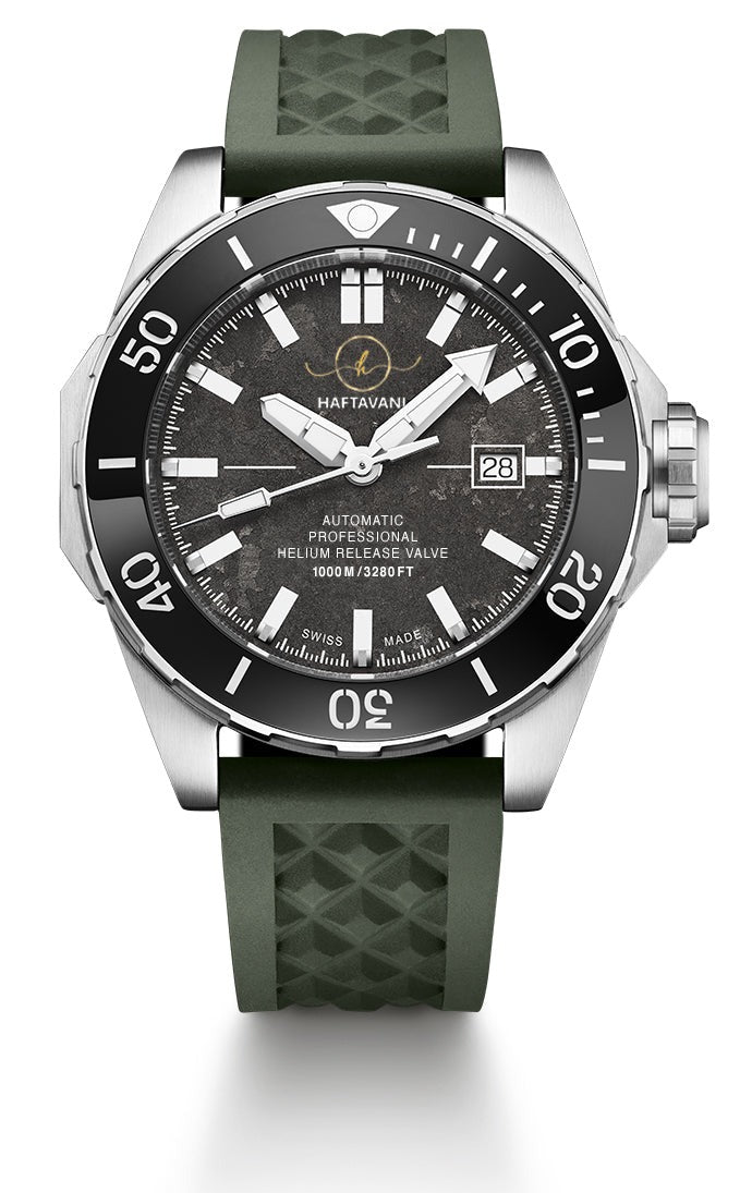 Haftavani - HPLA44092.09 – 1000M Deep Sea Automatic Dive Watch - Swiss Made - Gray Face - Green Rubber Strap